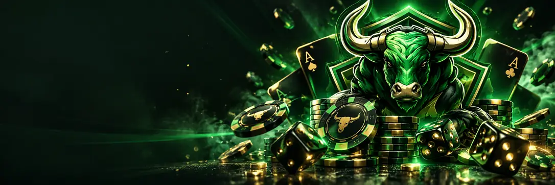 Banner da Bullsbet com touro verde, fichas e cartas, ilustrando o cassino no celular